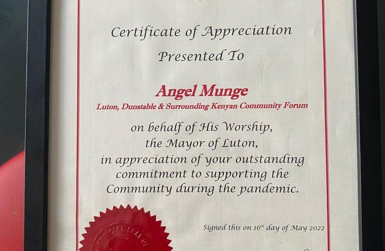 Angel Munge Awarded by Luton Borough for outstanding community support during Pandemic